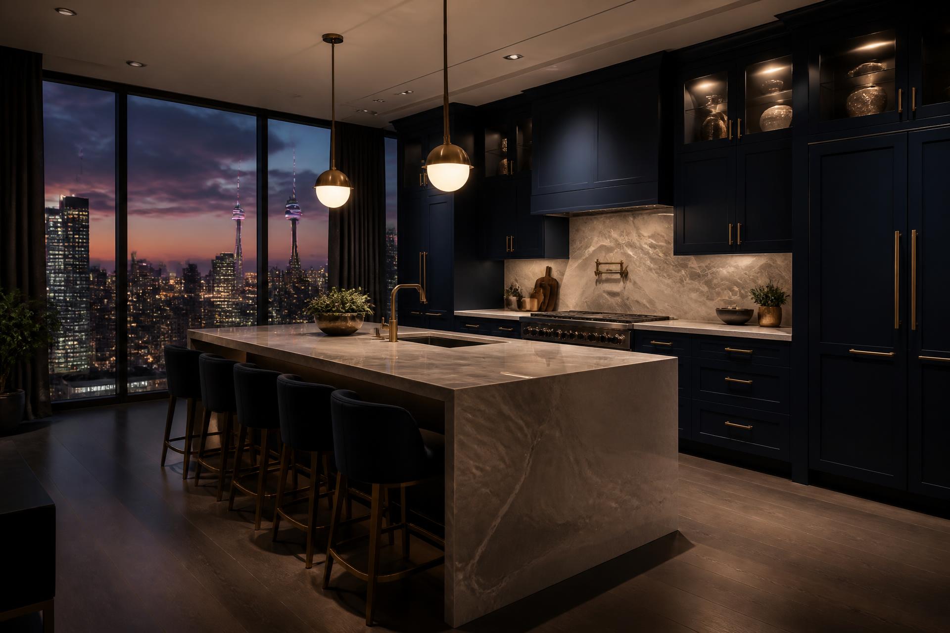 Luxury kitchen with custom navy cabinets and stone countertops